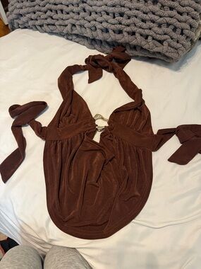 Brown Halter Neck Top with Front Ring Detail